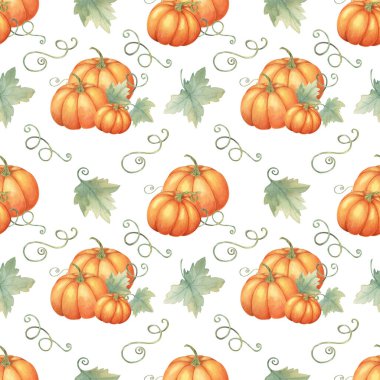 Turuncu kabaklar ve yeşil yapraklar dikişsiz suluboya desenli. El çizimi Arkaplan Festivalsel masa örtüleri, parti davetiyeleri, hediye paketi ve mevsimlik ev dekorasyonu için ideal