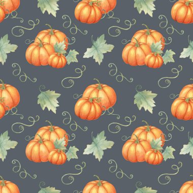 Turuncu kabaklar ve yeşil yapraklarla suluboya desenli. Sonbahar etkinlik davetiyeleri, ev tekstil ürünleri, ambalaj kağıdı ve çevre dostu ambalaj tasarımları için el çizimi arkaplan.