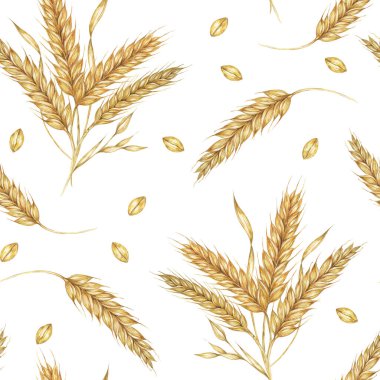 Clusters of golden Barley or Wheat ears. Watercolor seamless pattern for autumn-themed textiles, rustic wallpaper, eco-friendly product packaging, and organic branding materials, Shavuot, thanksgiving