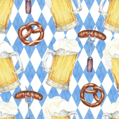 Bira bardakları, krakerler ve Bavyera bayrağı arka planında sosisler. Suluboya desensiz parti malzemeleri, etkinlik davetiyeleri ve Ekim festivali temalı ürünler ve dekorasyonlar için idealdir.