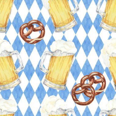 Bira bardakları, Bavyera bayrağı arka planında krakerler. Suluboya desensiz parti malzemeleri, etkinlik davetiyeleri ve Ekim festivali temalı ürünler ve dekorasyonlar için idealdir.