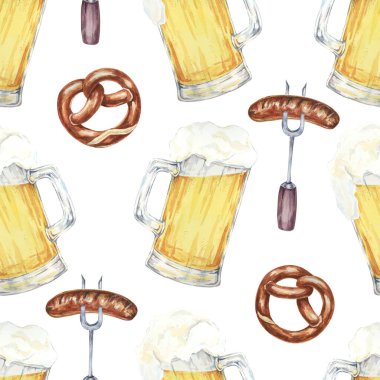 Bira bardakları, krakerler ve sosisler. Şenlikli etkinlik davetiyeleri, parti dekorları, mutfak tekstil ürünleri ve Ekim Festivali temalı malzeme ve malzemeler için suluboya desensiz bir grup.