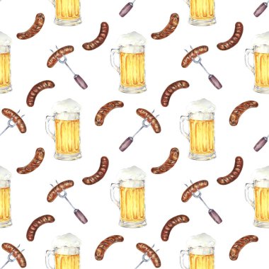 Bira bardakları ve sosisler arka plan klipleri. Suluboya desensiz şenlik davetiyeleri, temalı ürünler, mutfak tekstili ve Ekim Festivali kutlamaları için parti malzemeleri için mükemmel.