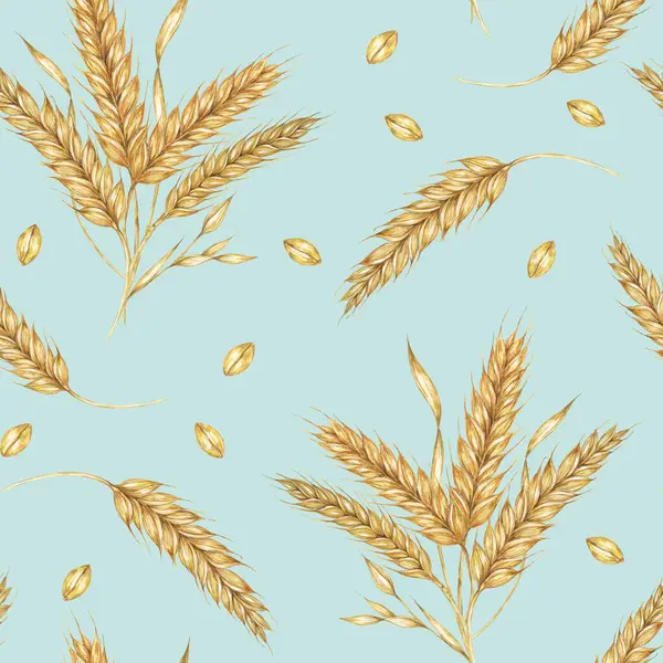 stock image Clusters of golden Barley or Wheat ears. Watercolor seamless pattern for autumn-themed textiles, rustic wallpaper, eco-friendly product packaging, and organic branding materials, Shavuot, thanksgiving