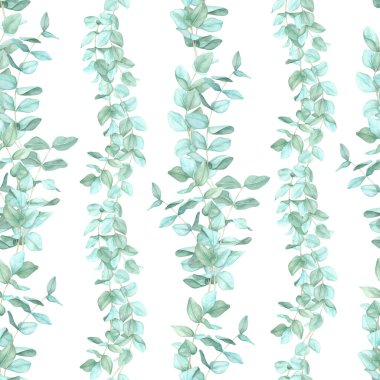 Yeşil okaliptüs dalları dikey olarak dizilmiş. Kusursuz desen, suluboya klipsleme. Ev dekorasyonu tekstil ürünleri, duvar kağıdı ve hediye paketleri için idealdir. Ürünler için doğadan esinlenilmiş bir tasarım sunar.
