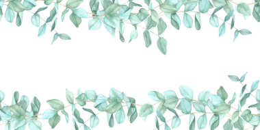 Yeşil okaliptüs yaprakları etiketin üstünde ve altında yatay bir sınırda düzenlenir. Kusursuz sınır, ev dekoru aksanları, kartvizitler veya ürün etiketleri için suluboya Clipart