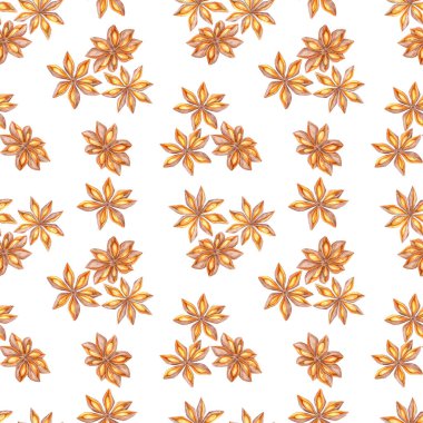 Değişik boyutlara dağılmış yıldız anason motifleri ile tekrarlanan pürüzsüz bir kalıp. Bu suluboya çizimi tekstil tasarımı, ürün ambalajı veya ev dekorasyonu için mükemmeldir.,