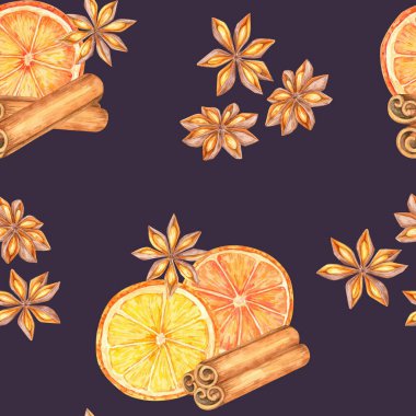 Tarçın çubukları, portakal dilimleri ve koyu mor arka planda yıldız anason. Kusursuz bir suluboya klipsi. Mevsimlik tekstil, hediye paketi ya da yiyecek ve içecek endüstrisinde markalaşma için mükemmel.