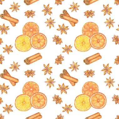 Suluboya portakallar, tarçın çubukları ve yıldız anason klip sanatları. Şenliksiz şablon mevsimsel ürün ambalajı, kumaş tasarımları veya mutfak temalı bir alan için duvar kağıdı için kullanılabilir