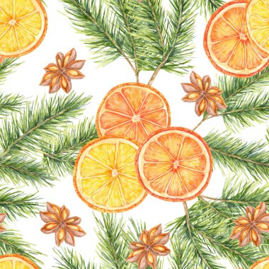 Oranges, pine branches, anise and cinnamon sticks. Watercolor seamless pattern. It is ideal for holiday textiles, packaging, and other merchandise related to festive or food-centric designs. clipart