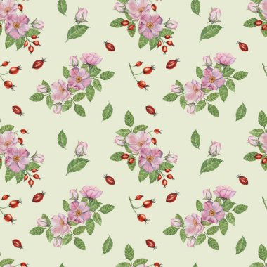 Rosa Canina 'nın çiçekleri, yabani gül tomurcukları, gül kalçası ve yeşil yapraklar. Suluboya klipleri, kusursuz desenler. Kumaş tasarımı, duvar kâğıtları veya kırtasiye malzemesi için ideal, doğadan esinlenilmiş sanatsal bir dokunuş sunuyor
