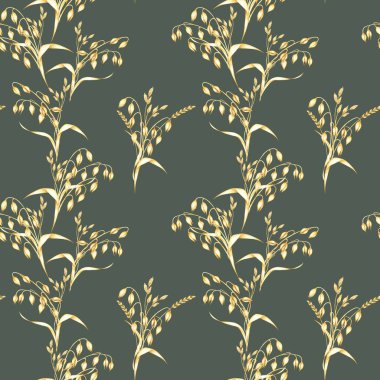 Yulaf, koyu yeşil arka planda pürüzsüz bir iz bırakır. Altın yulaf buketleri. Avena sativa suluboya klipleri. Sonbahar temalı tekstil, kırsal duvar kağıdı, çevre dostu ambalaj için resim