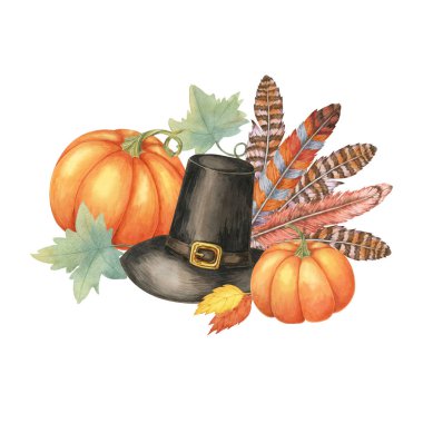 Traditional Pilgrim hat with feathers, paired with a large orange pumpkin and smaller pumpkins. Isolated watercolor clipart for Thanksgiving-themed projects, invitations, and seasonal decorations clipart