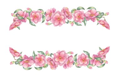 Hassas pembe kamelya çiçeklerinden, yeşil yapraklardan ve tomurcuklardan yapılmış dikdörtgen bir çerçeve. Kamelya japonica suluboya düğün davetiyeleri, tebrik kartları veya ürün ambalajları için