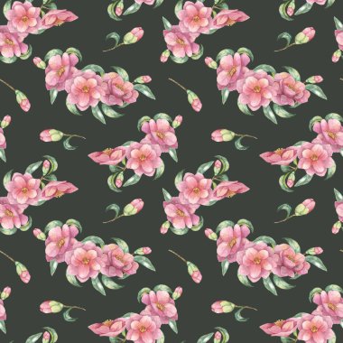 Yeşil yapraklı pembe kamelya çiçeklerinin pürüzsüz deseni koyu yeşil arka planda. Çiçek suluboya klipsi kumaş tasarımı, hediye paketi veya kırtasiye için idealdir