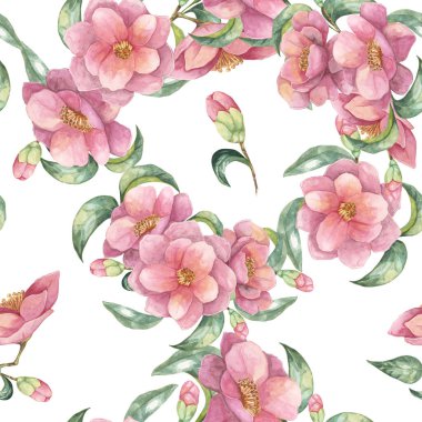Yeşil yapraklı ve tomurcuklu pembe kamelya çiçeklerinin dikişsiz bir deseni. Bu çiçek tasarımı davetiyelerde, kumaş izlerinde, tekstil ürünlerinde, yastıklarda kullanım için mükemmeldir.