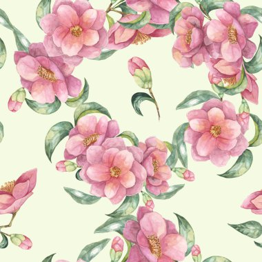 Pembe kamelya çiçekleri ve açık yeşil arkaplanda yeşil yapraklar vardır. Tekstil, duvar kağıdı veya ürün ambalajı için uygun bitki tasarımı