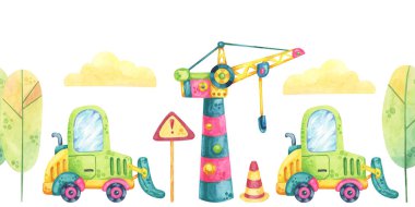 Kule vinci, kazıcı, giriş işareti yok, ağaçlar ve suluboya bulutlar. Çizgi film tarzında sınırsız bir inşaat sahası. Çocuk odaları ve giysileri için şirin forklift araba çizimleri.