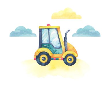 Yeşil gövdeli sarı traktör ve bulutlu arka planda pembe detay. Endüstriyel temalı tasarımlar, eğitim illüstrasyonları veya doğum günü davetiyelerinde kullanılmak üzere Watercolor oyuncağı