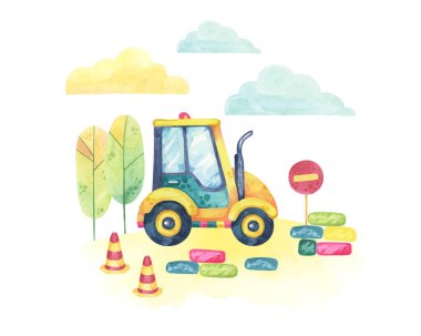 Ağaçlar, yol işaretleri ve bir trafik konisiyle çevrili bir inşaat alanında forklift kamyonu. Araç oyuncağı Güvenli malzemeler, çocukların eğitimi veya ulaşım tasarımlarında kullanmak için suluboya Clipart