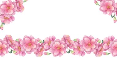 Pembe çiçekler yatay pankart. Kamelya japonica suluboya klipleri. Bu çiçek tasarımı tebrik kartları, davetiyeler ve çeşitli dekoratif baskı projeleri için idealdir.