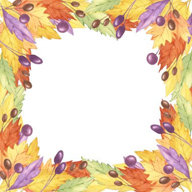 Sonbahar, canlı sarı, turuncu, mor yapraklar ve böğürtlenlerden oluşan suluboya bir çerçeve bırakır. Şükran Günü davetiyeleri, mevsimlik dekorlar ve dijital tasarımlar için uygundur.