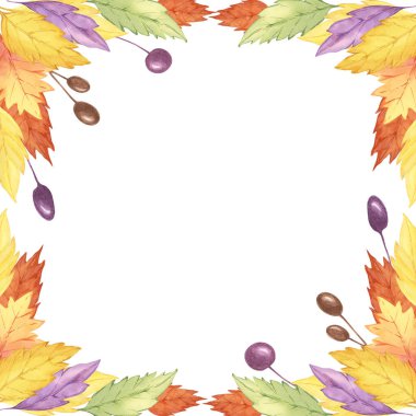 Sonbahar çerçevesi suluboya, sarı, turuncu ve mor yapraklar sergiliyor. Dağılmış böğürtlenler bir sınır oluşturuyor. Şükran Günü kartları, mevsimlik pankartlar ve dekoratif basım tabelaları için bunu kullanın.