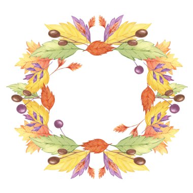 Sonbahar suluboya yelken çelengi dairesel çerçevede sarı, turuncu ve mor yapraklardan oluşan bir düzenleme sergiliyor. Mevsimlik davetiyeler, hatıra defteri ve sonbahar temalı dekorasyon için ideal