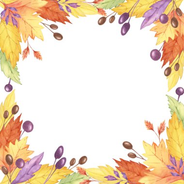 Köşelerinde sarı, turuncu, mor yapraklar ve böğürtlenlerden oluşan suluboya bir çerçeve. Sonbahar temalı tasarımlar, davetiyeler ve hatıra defteri için ideal