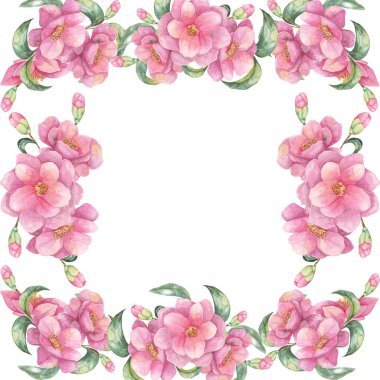 Pembe kamelya suluboya klipte bireysel çiçek ve yapraklar kare çerçevede sergileniyor. Bu çok yönlü tasarım DIY el sanatları, talep üzerine yazdırma ürünleri ve özel kırtasiye ürünleri için kullanılabilir