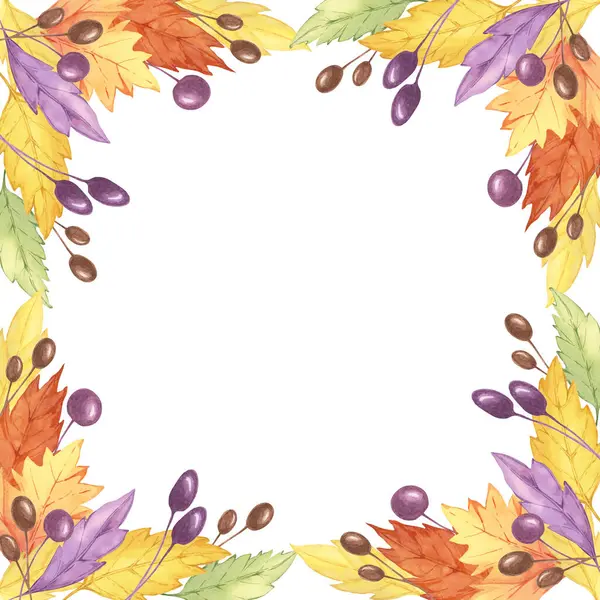 Kare bir sınır oluşturan sarı, turuncu ve mor yapraklar ve böğürtlenlerden oluşan bir düzenleme çizer. Sonbahar temalı hatıra defteri, tebrik kartları ve davetiyeler için ideal