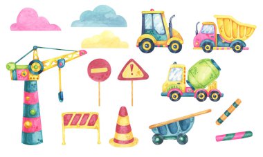 Renkli inşaat araçları, bulutlar ve yol işaretleri. Beton karıştırıcı, vinç, çöp kamyonu, vinç, koni ve barikatla suluboya klip seti. Parti davetiyeleri ve çıkartmalar için resim seti