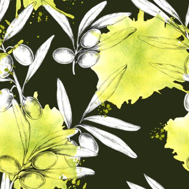 Kalem içinde zeytin ve zeytin dalları. Sarı suluboya pürüzsüz bir şekilde dökülür. Botanik Clipart duvar kağıdı, ev tekstili veya ambalaj tasarımı için uygundur, projelerinize doğal bir dokunuş ekler