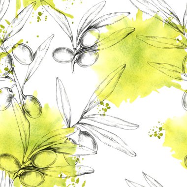 Kalemle çizilmiş zeytinli zeytin dalları, yeşilimsi bir arka plan üzerine kurulmuş. Kumaş baskıları, ambalaj kağıdı veya dijital tasarım ögeleri için kusursuz desenli karışık ortam illüstrasyonu