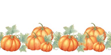 Balkabağı dikişsiz sınır klipleri suluboya yapraklı turuncu balkabakları sergiliyor ve şenlikli bir tasarım yaratıyor. Tebrik kartları, etkinlik dekorasyonları ve ev dekorasyonu projeleri için mükemmel