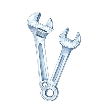 Ayarlanabilir olanı da dahil olmak üzere iki metal anahtar kesişmiş. Elle boyanmış suluboya resim. Araç gereç kitleri, DIY projeleri, inşaat etiketleri veya hırdavatçı broşürleri için tırman