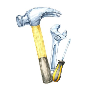 Bir çekiç, tornavida ve ayarlanabilir anahtar çizimi. Elle boyanmış donanım aletleri suluboya klipleri. Ev onarım rehberi, alet seti ambalajı ya da öğretici malzemeler için uygun.