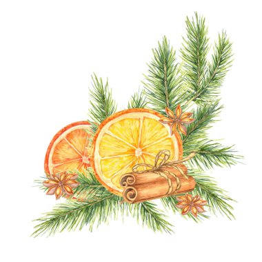 Portakal dilimleri, çam ağaçları ve tarçın çubukları. Tatil temalı markalaşma, hediye etiketleri ve tarif kartlarında kullanmak için suluboya tırmanışı. Kış ve Noel tasarımlarını doğal görünüşüyle tamamlar.