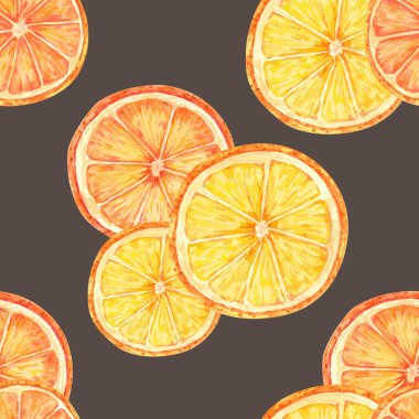 Zengin kahverengi arka planda taze turuncu ve sarı renkli portakal dilimleri. Kusursuz suluboya deseni. Tekstil için özel tasarımlar, canlı hediye paketi ve mutfak temalı yeni dekorasyon için harika.