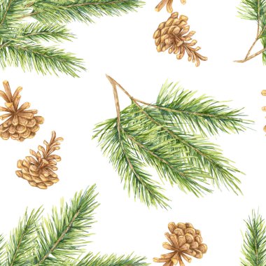 Yeşil iğneli çam kozalakları ve ladin dalları pürüzsüz bir suluboya deseni oluşturuyor. Sedir ağacı, köknar köknarı Noel hediyesi ambalajı, özel kumaş baskıları ve mevsimlik ev dekorasyonu için mükemmel.