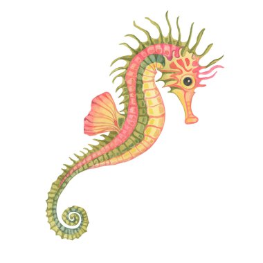 Yeşil, sarı ve pembe denizatı. Karmaşık detaylarla. Deniz canlısı suluboya klipsi. Çocuk odası dekorasyonu, denizcilik posterleri ya da plaj temalı etkinlik davetiyeleri için tuhaf bir illüstrasyon.