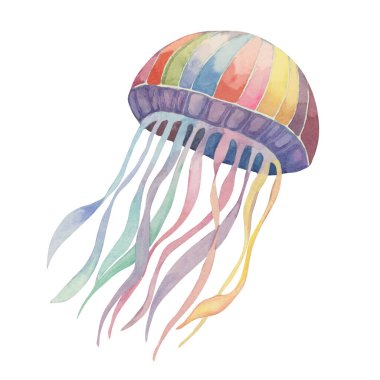 Pembe, mavi ve sarı renkli canlı bir denizanası. Gökkuşağı suda yaşayan canlılar suluboya klipleri. Tişört ve çantalardan defter kapaklarına ve duvar sanatına kadar kıyı ürünleri için resim