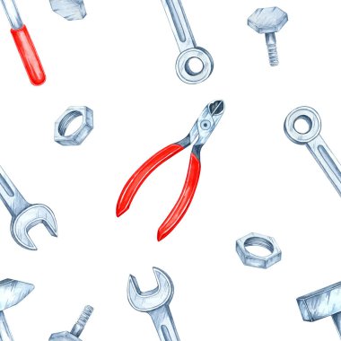Anahtarlar, fındıklar ve dikişsiz suluboya desenli kalın kırmızı pense. Bu clipart tasarımı ürün ambalajı, arkaplan veya DIY veya mekanik temalı ev dekorasyonu ögeleri için mükemmeldir