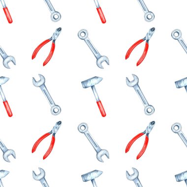 Anahtarlar, çekiçler ve suluboya pense. Donanım araçları clipart. Ürün tasarımları, hediye paketleme veya mekanik veya DIY temalı projelerde arka planlar için pürüzsüz desen