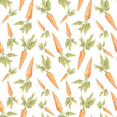 Parlak turuncu havuçlar ve suluboya ile boyanmış yeşil tepeler. Bahçe sebzeleri kusursuz desenli çizimler. Sürdürülebilir gıda ambalajlarında, konserve etiketlerinde, hasat davetiyelerinde veya duvar sanatlarında kullanın.