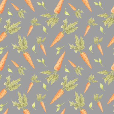 Dökümlü yeşil yapraklı kırsal havuçlar, kayrak grisi arka planda, pürüzsüz desenli. Sebzeler suluboya klipleri. Etiketler, basılı çantalar, yemek temalı albümler veya etiketler için kullan