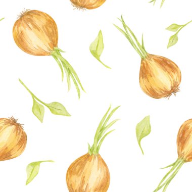 Sulu boya ile boyanmış yeşil bluzlu altın soğanlar pürüzsüz bir kalıp oluşturur. Gıda ambalajı, kumaş baskısı, mutfak gereçleri veya dijital kağıt tasarımları için mükemmel.