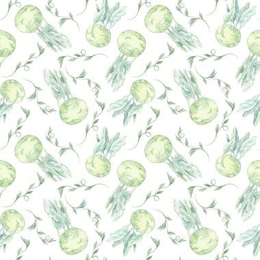 İnce yapraklı yeşil kohlrabi ampulleri dikişsiz bir suluboya resimde yer alır. Bu parça kumaş, ambalaj, mutfak tekstili ve ambalaj kağıdı için kullanılabilir.