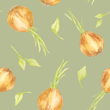 Yumuşak yeşil arka planda yeşil yapraklı kahverengi soğanlar, dikişsiz suluboya desen olarak yaratılmış. Bu illüstrasyon tekstil tasarımı, kaplama ve hediye paketi için harikadır.