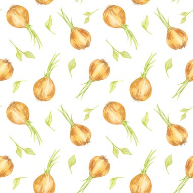 Soğanların elle boyanmış, dikişsiz dizilmiş, suluboya bir parçası. Bu sebze tasarımı mutfak temalı kumaşlar, ambalajlar, duvar kağıtları ve basılabilir el sanatları için uygundur.